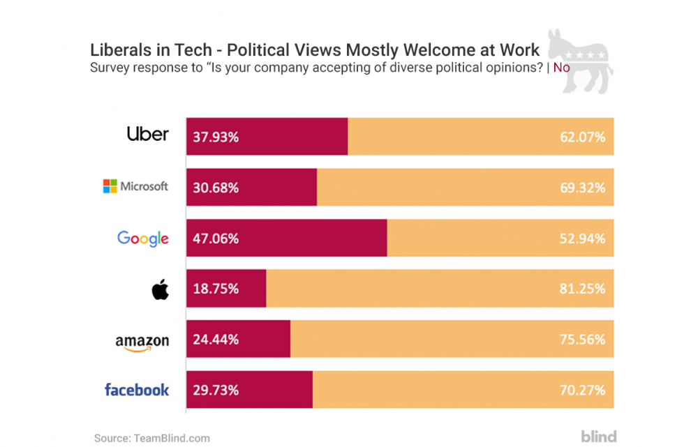 Google employees, Uber employees, Microsoft employees, Apple employees, Amazon employees, Facebook employees, Conservatives, Liberals, Diverse political opinion, workplace transparency